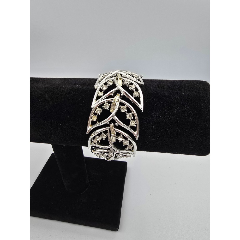 Vintage Silver Tone‎ Fishtail Leaf Design Rhinestone Link Bracelet Fold Over